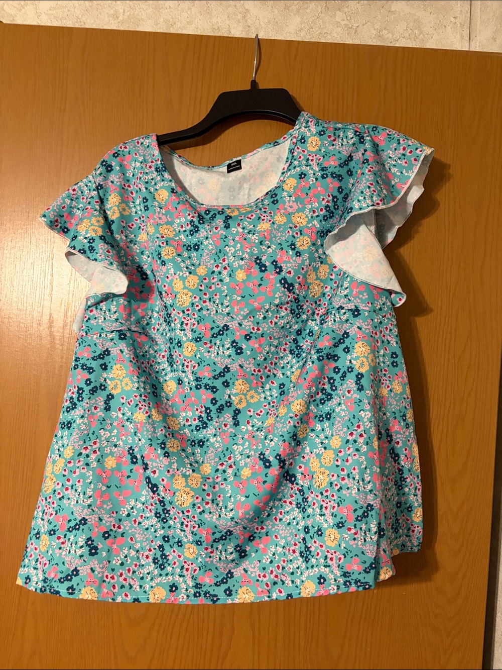 SHEIN Teal Floral Ruffle Sleeve Top